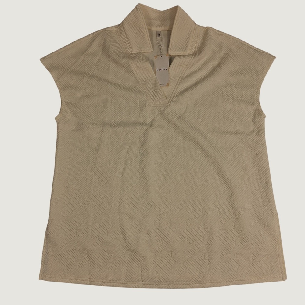 Poetsky Polo Top Womens XL Cream Textured Jacquard V-Neck Short Sleeve Blouse